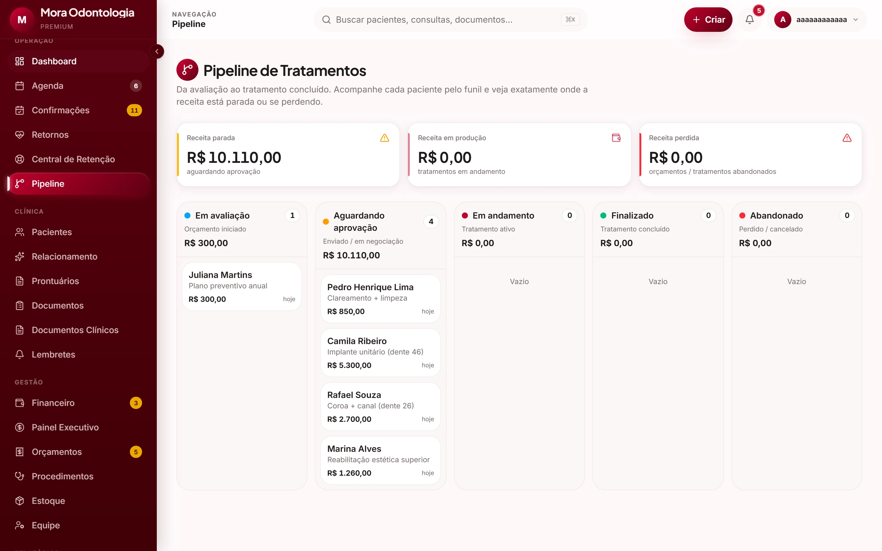 Pipeline de tratamentos, da avaliação ao concluído