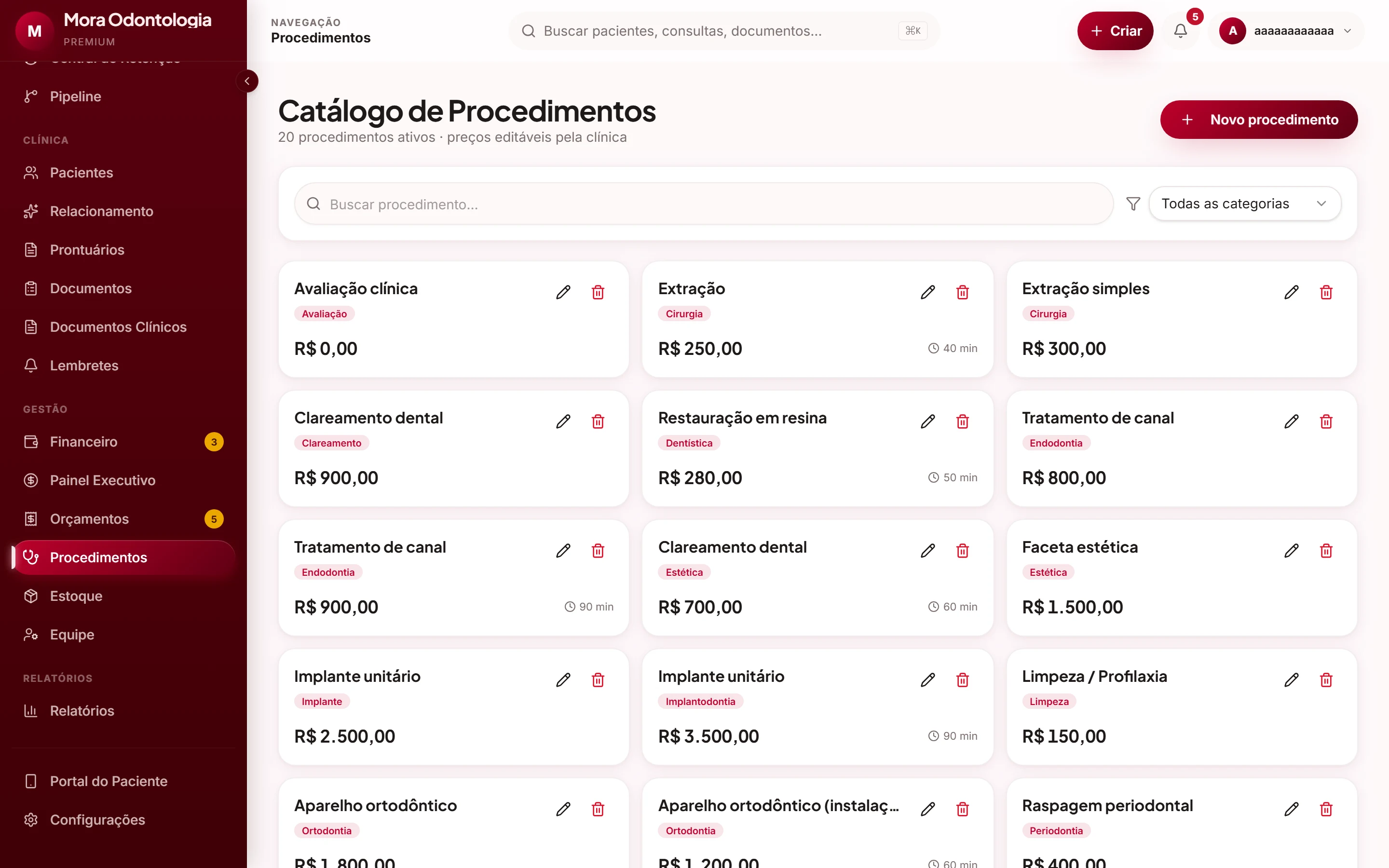 Catálogo de procedimentos com preços e duração